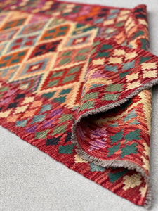 3x7 Handmade Afghan Kilim Runner Rug | Crimson Red Burnt Orange Pine Green Denim Blue Purple Yellow Beige Black | Flatweave Flat Woven Wool