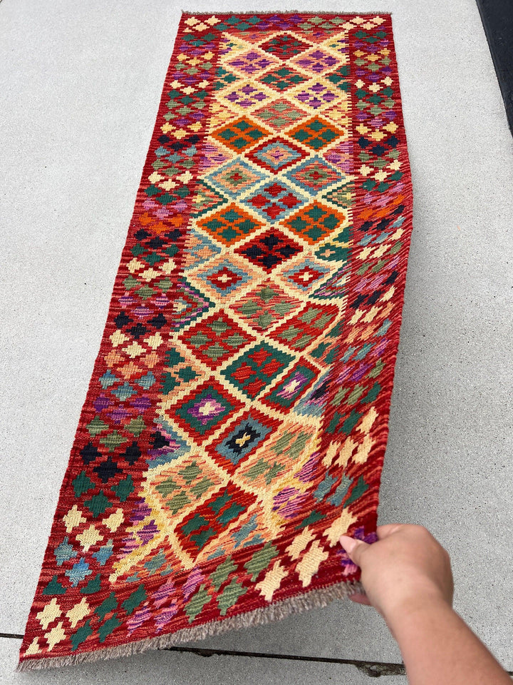 3x7 Handmade Afghan Kilim Runner Rug | Crimson Red Burnt Orange Pine Green Denim Blue Purple Yellow Beige Black | Flatweave Flat Woven Wool