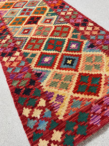 3x7 Handmade Afghan Kilim Runner Rug | Crimson Red Burnt Orange Pine Green Denim Blue Purple Yellow Beige Black | Flatweave Flat Woven Wool