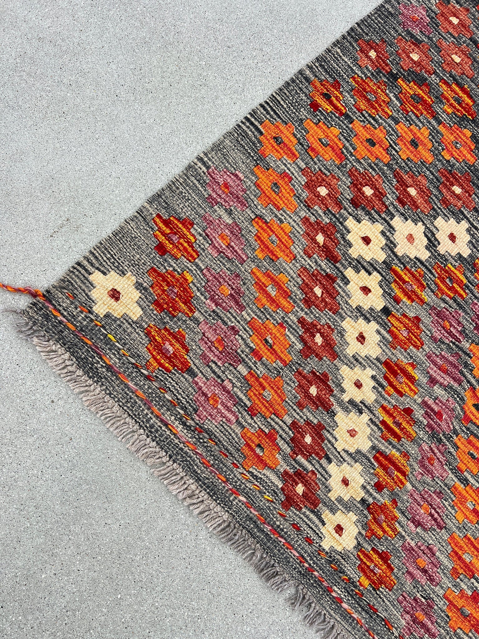 4x5 (120x150) Handmade Afghan Kilim Rug | Colorful Grey Burnt Orange Mauve Blood Red Maroon Cream Beige | Flatweave Geometric Outdoor Wool