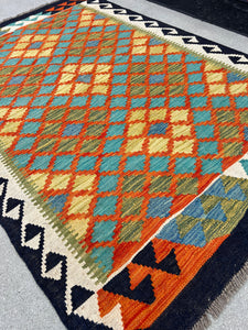3x5-4x5 Handmade Afghan Kilim Rug | Navy Blue Indigo Burnt Orange Turquoise Denim Blue Yellow Moss Green | Flatweave Flat Woven Outdoor Wool