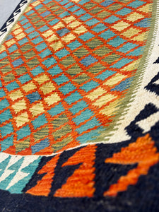 3x5-4x5 Handmade Afghan Kilim Rug | Navy Blue Indigo Burnt Orange Turquoise Denim Blue Yellow Moss Green | Flatweave Flat Woven Outdoor Wool