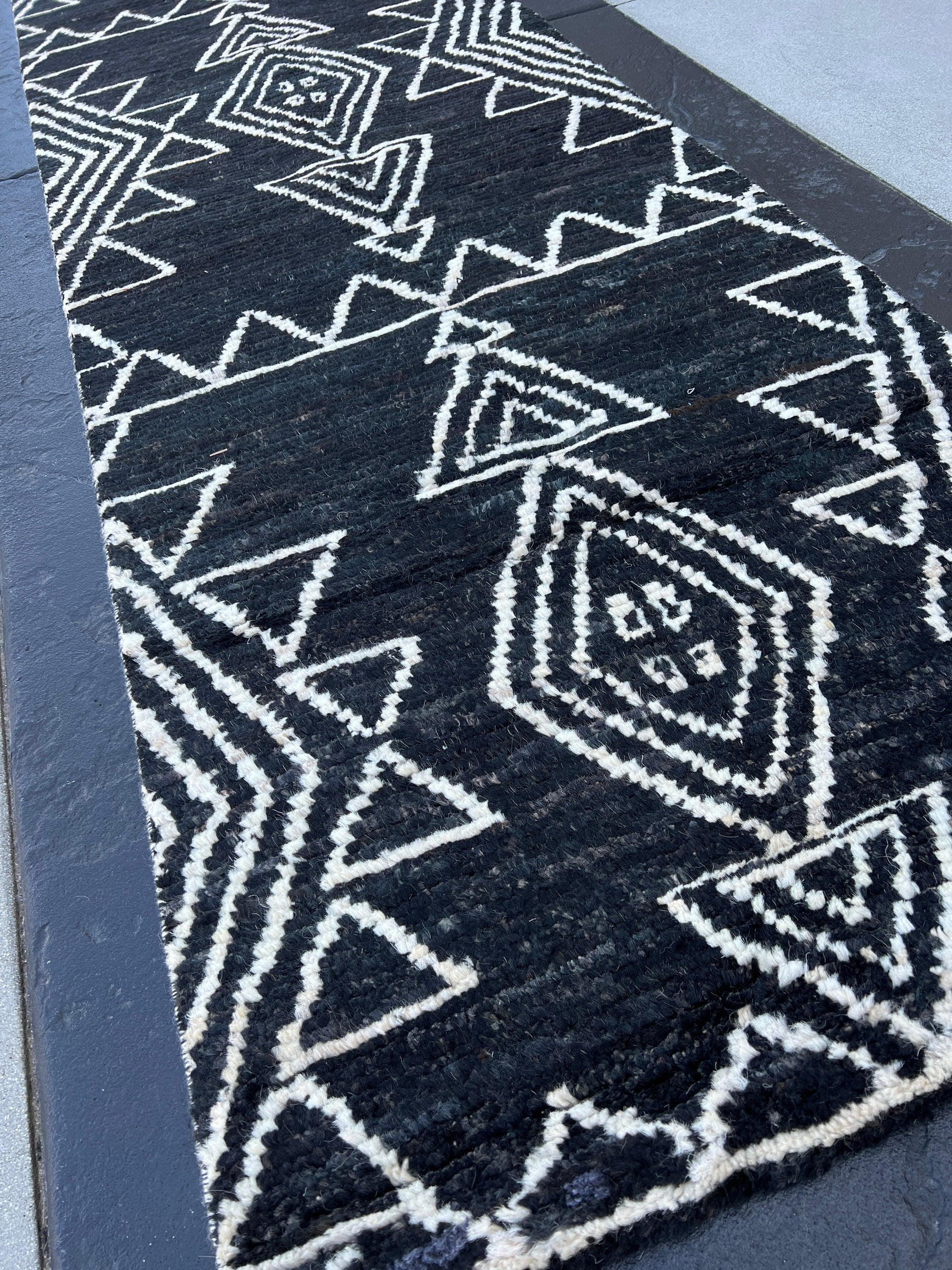 3x16 Handmade Afghan Moroccan Rug | Charcoal Black Ivory White | Berber Beni Mrirt Ourain Flokati Wool Hallway Entryway Stairs Plush Shag