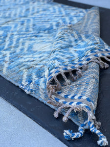 3x16 Handmade Afghan Moroccan Rug | Sky Blue Ivory Grey | Berber Beni Mrirt Ourain Flokati Hallway Entryway Stairs Plush Shag Oushak Persian