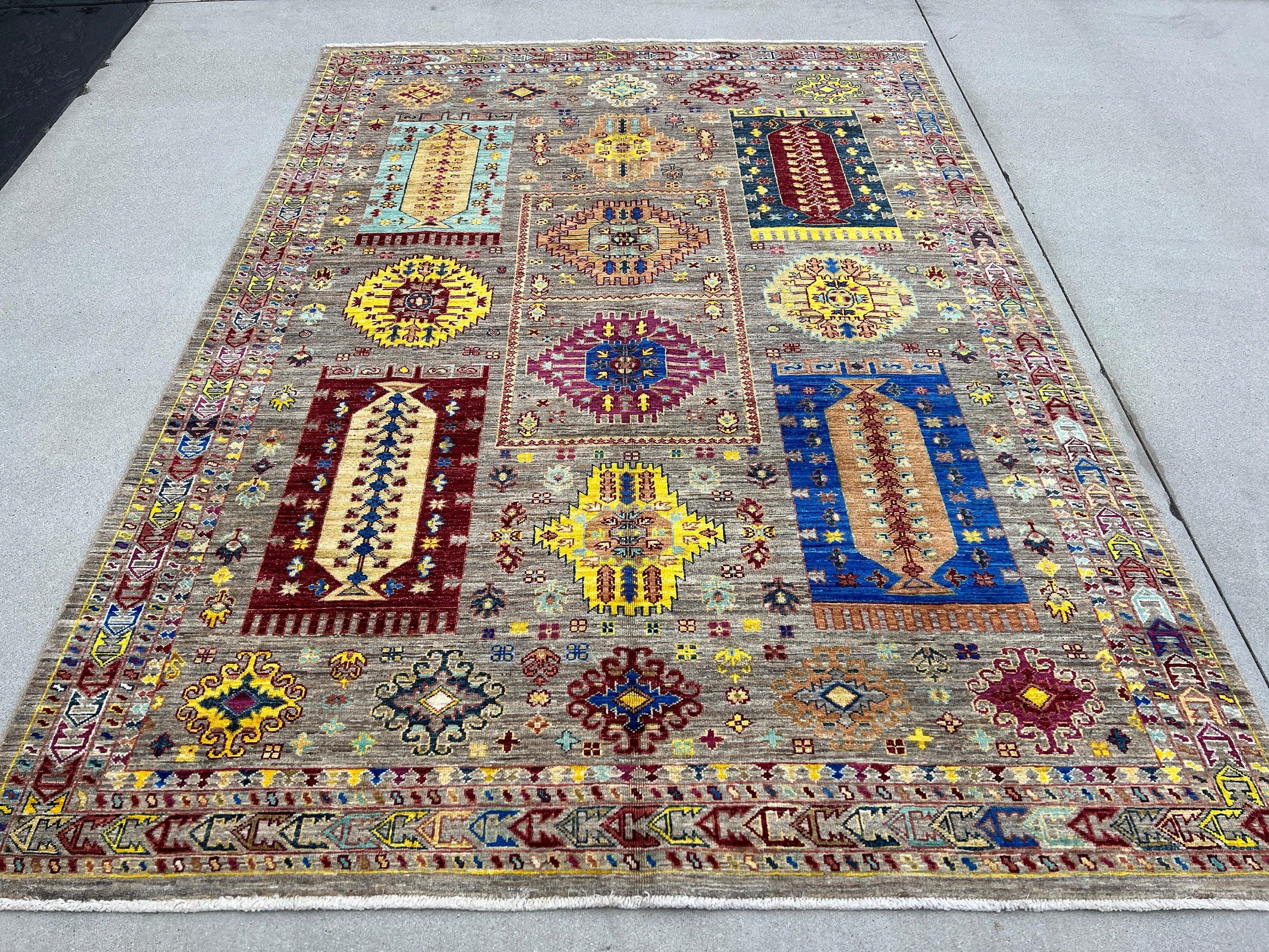 6x8 Handmade Afghan Rug | Earth Tone Brown Grey Teal Golden Yellow Red Brown Ivory White Blue | Hand Knotted Persian Oriental Wool Bohemian