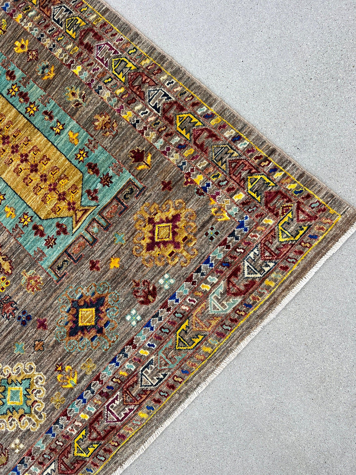 6x8 Handmade Afghan Rug | Earth Tone Brown Grey Teal Golden Yellow Red Brown Ivory White Blue | Hand Knotted Persian Oriental Wool Bohemian