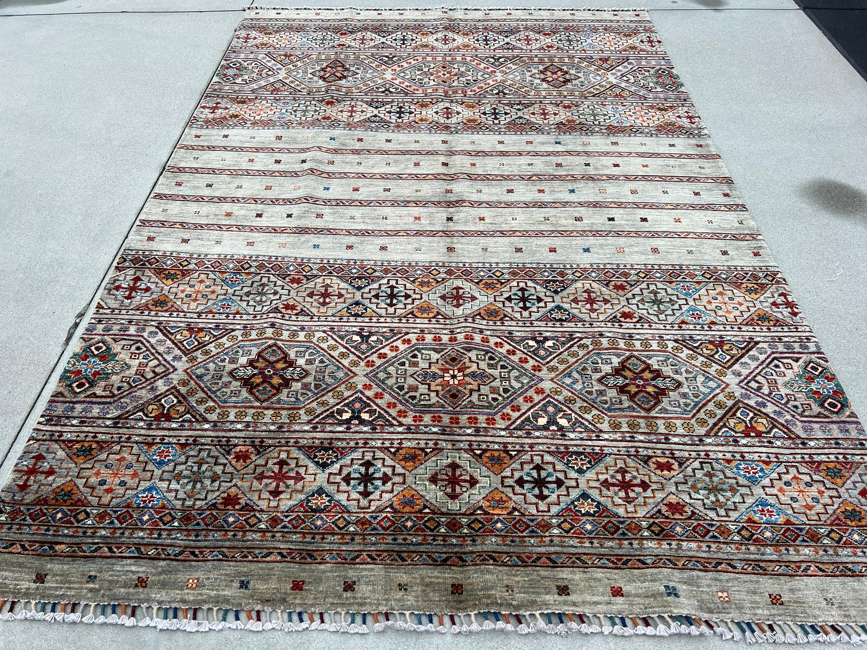 6x9 Handmade Afghan Rug | Light Grey Red Brown Orange Pine Green Ivory White Black Denim Blue | Hand Knotted Persian Bohemian Wool Oushak