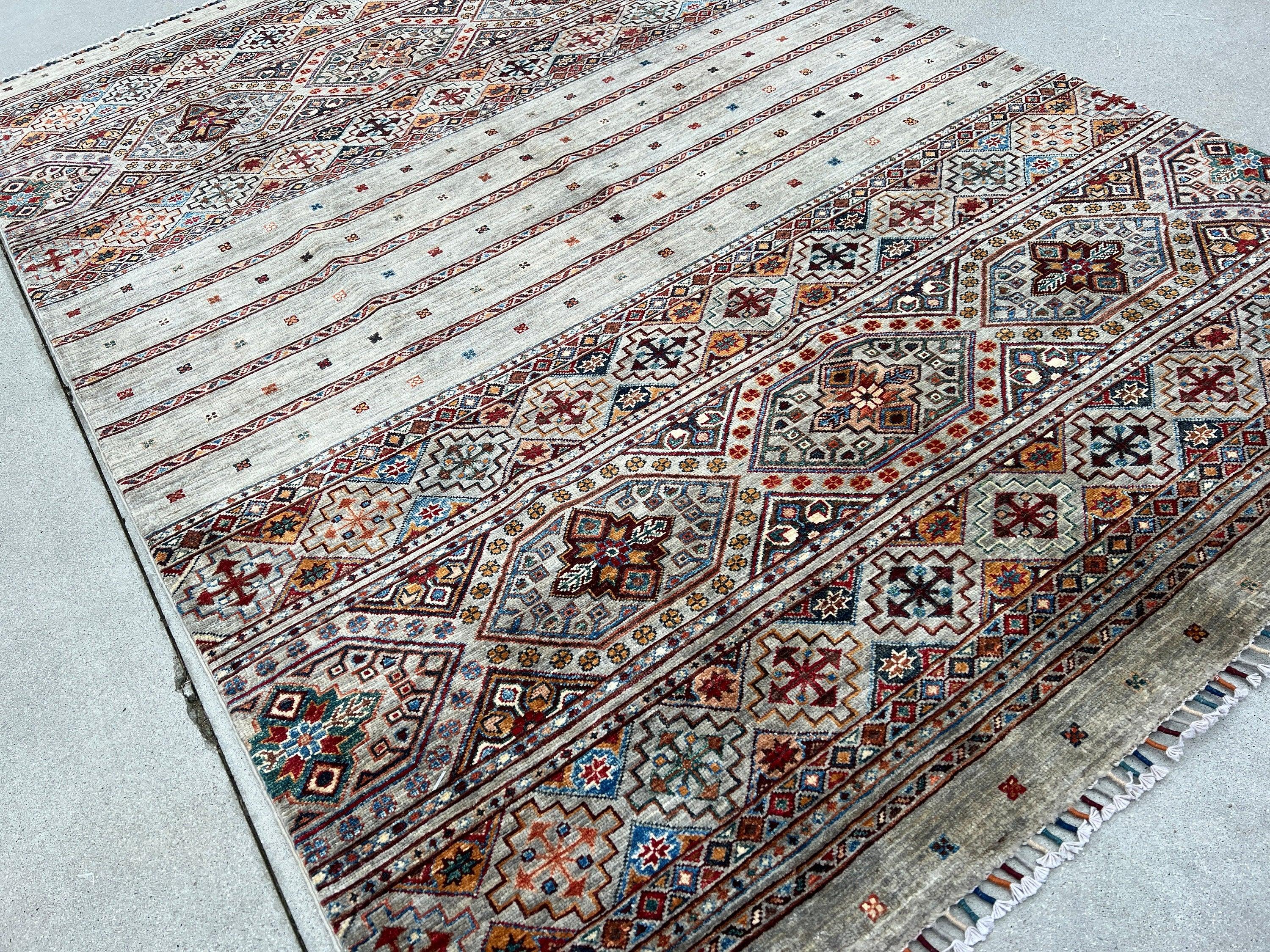 6x9 Handmade Afghan Rug | Light Grey Red Brown Orange Pine Green Ivory White Black Denim Blue | Hand Knotted Persian Bohemian Wool Oushak