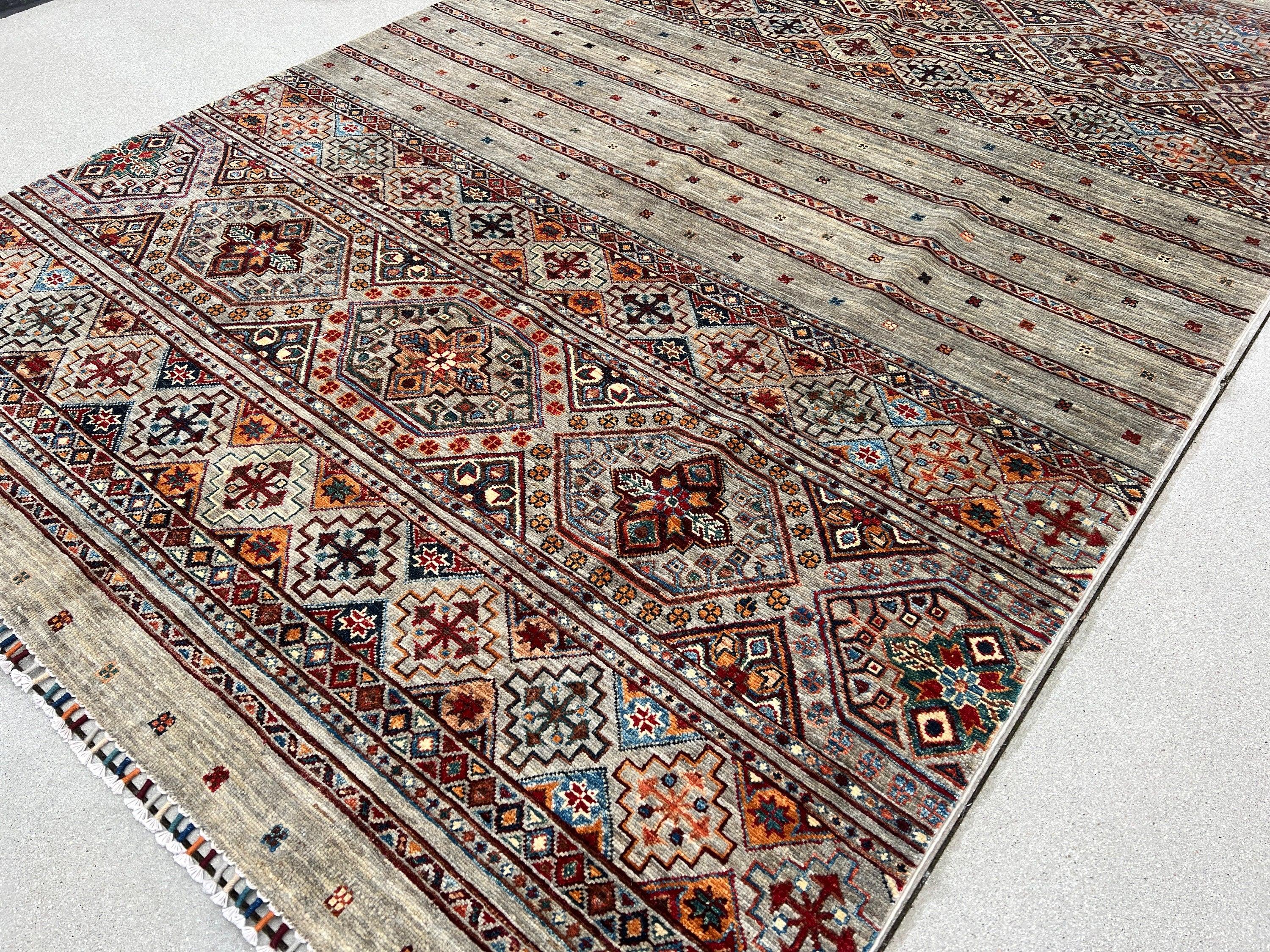 6x9 Handmade Afghan Rug | Light Grey Red Brown Orange Pine Green Ivory White Black Denim Blue | Hand Knotted Persian Bohemian Wool Oushak