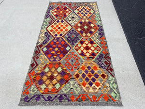 3x7 Handmade Afghan Kilim Rug | Grey Purple Brown Blood Red Orange Lime Green Brown Beige | Flatweave Flat Woven Persian Bohemian Outdoor