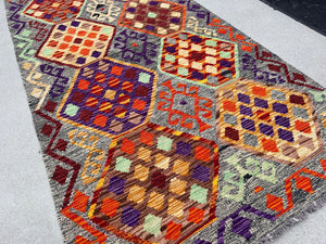 3x7 Handmade Afghan Kilim Rug | Grey Purple Brown Blood Red Orange Lime Green Brown Beige | Flatweave Flat Woven Persian Bohemian Outdoor