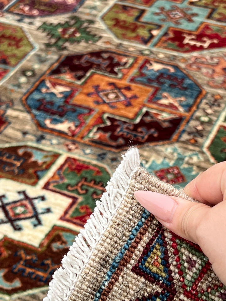 6x8 Handmade Afghan Rug | Grey Orange Red Turquoise Blue Olive Green White Ivory Brown Black | Hand Knotted Persian Boho Bohemian Oushak