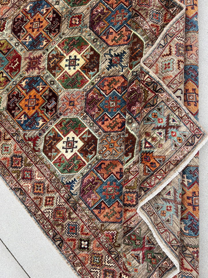 6x8 Handmade Afghan Rug | Grey Orange Red Turquoise Blue Olive Green White Ivory Brown Black | Hand Knotted Persian Boho Bohemian Oushak