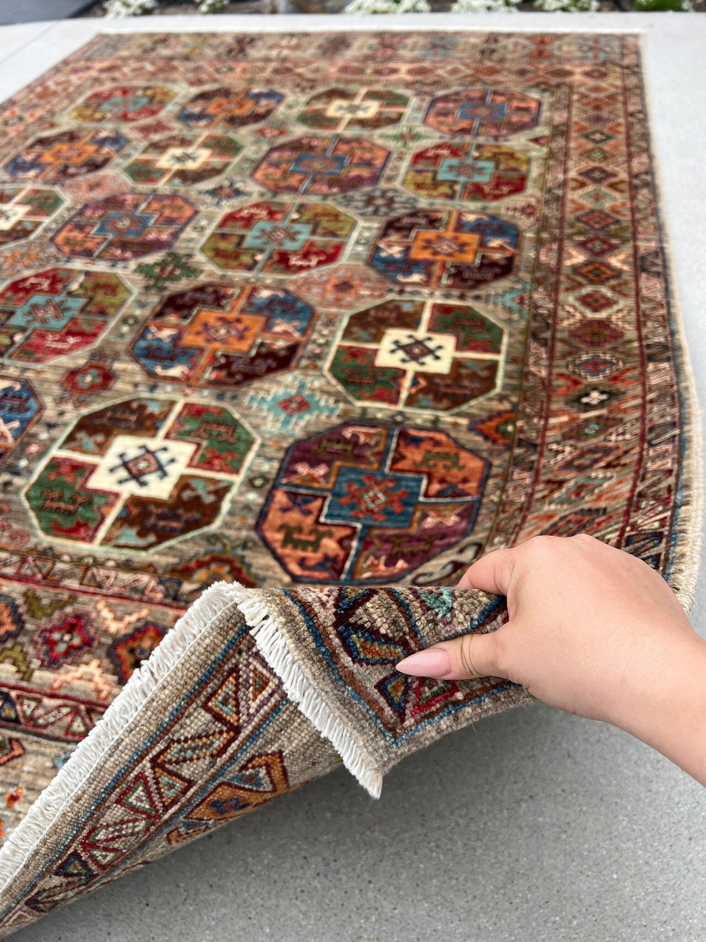 6x8 Handmade Afghan Rug | Grey Orange Red Turquoise Blue Olive Green White Ivory Brown Black | Hand Knotted Persian Boho Bohemian Oushak