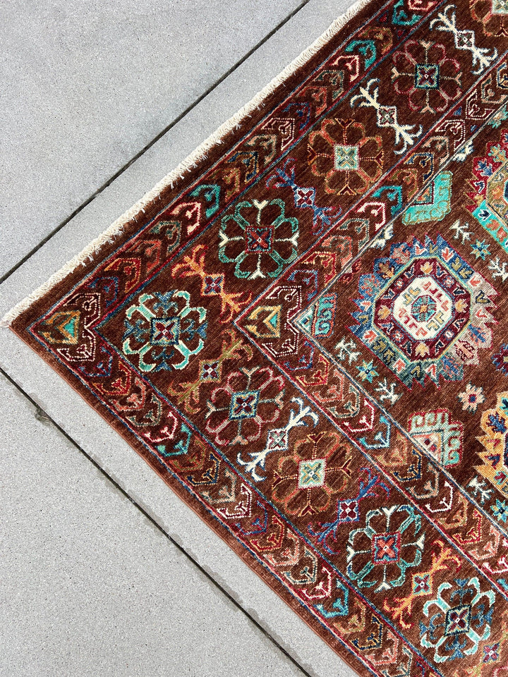 6x8 Handmade Afghan Rug | Brown Teal Turquoise Green Orange Blue Ivory | Hand Knotted Persian Bohemian Boho Oushak Heriz Serapi Wool