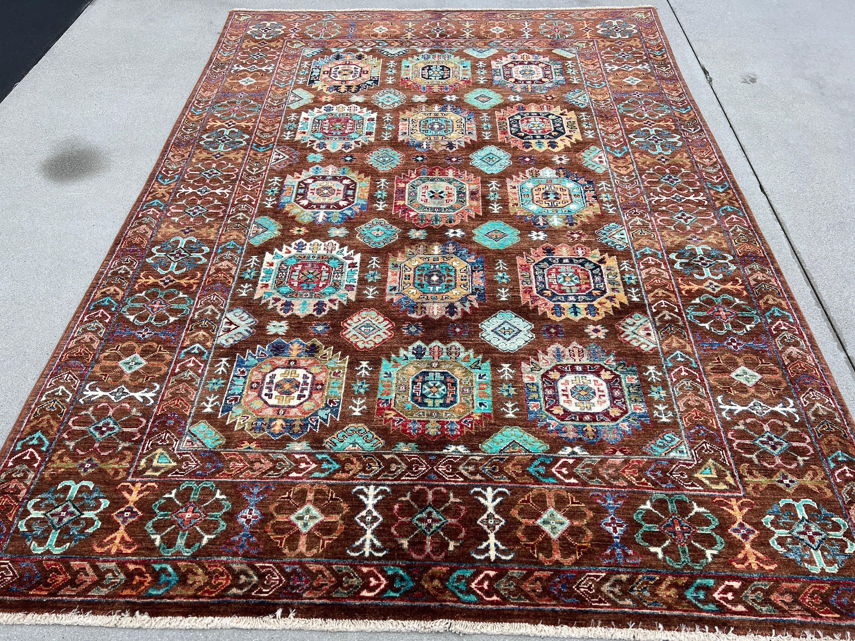 6x8 Handmade Afghan Rug | Brown Teal Turquoise Green Orange Blue Ivory | Hand Knotted Persian Bohemian Boho Oushak Heriz Serapi Wool