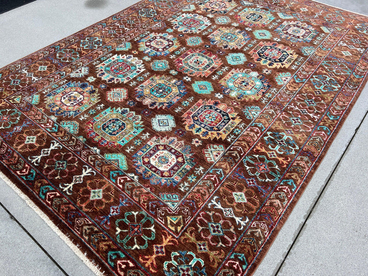 6x8 Handmade Afghan Rug | Brown Teal Turquoise Green Orange Blue Ivory | Hand Knotted Persian Bohemian Boho Oushak Heriz Serapi Wool