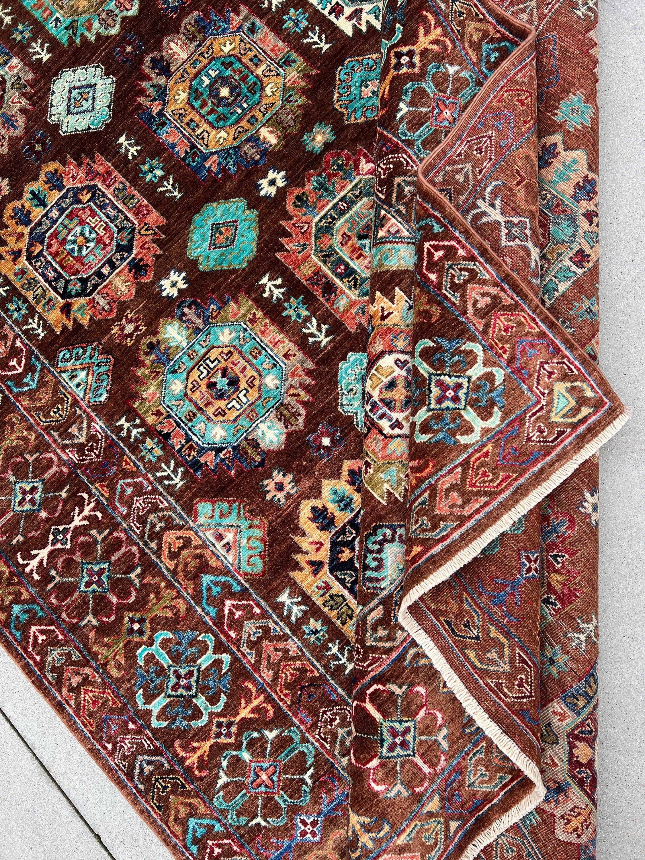 6x8 Handmade Afghan Rug | Brown Teal Turquoise Green Orange Blue Ivory | Hand Knotted Persian Bohemian Boho Oushak Heriz Serapi Wool