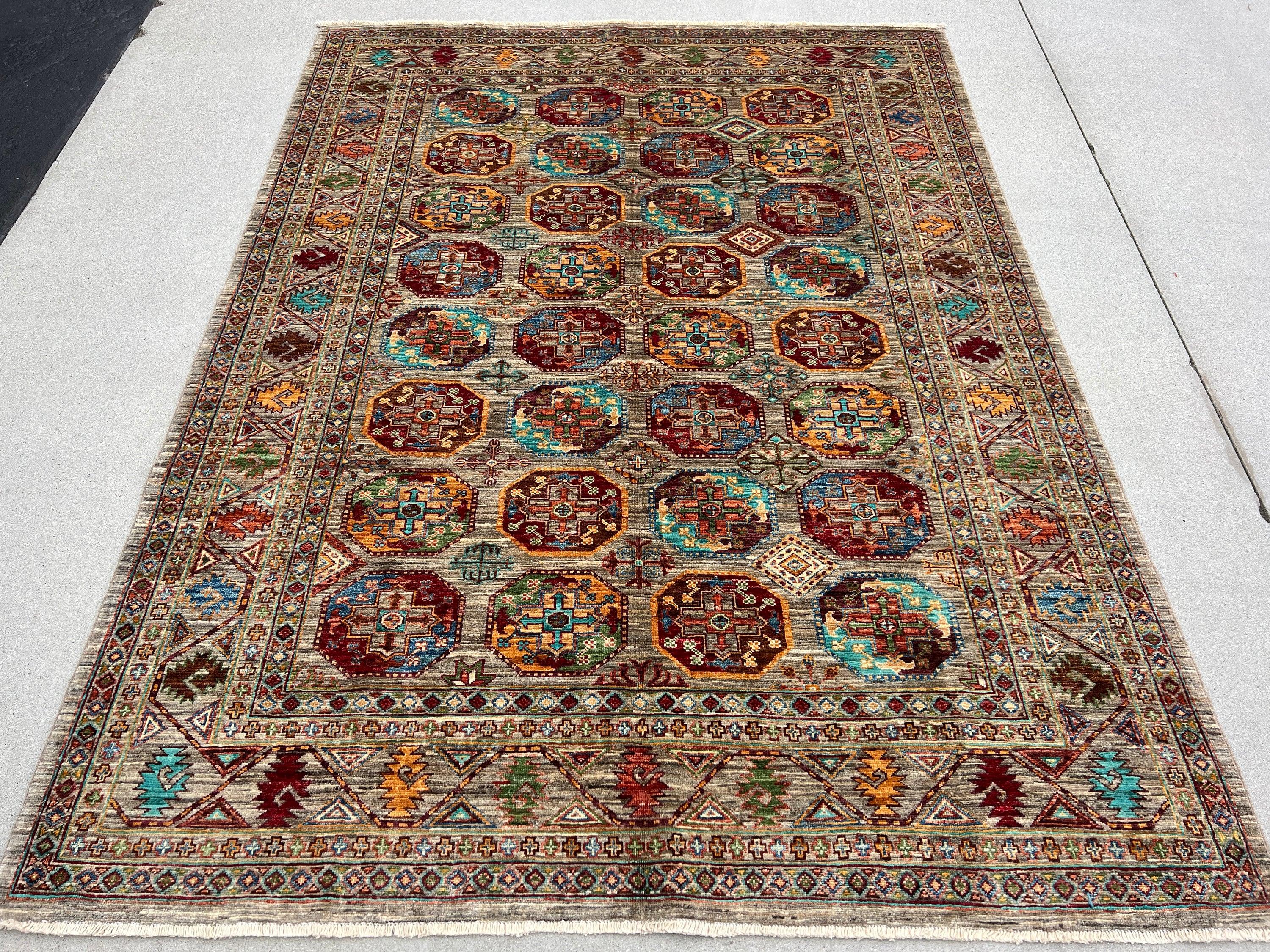 6x8 Handmade Afghan Rug | Brown Grey Orange Red Turquoise Blue Green White Black Golden Yellow Maroon | Hand Knotted Persian Boho Bohemian