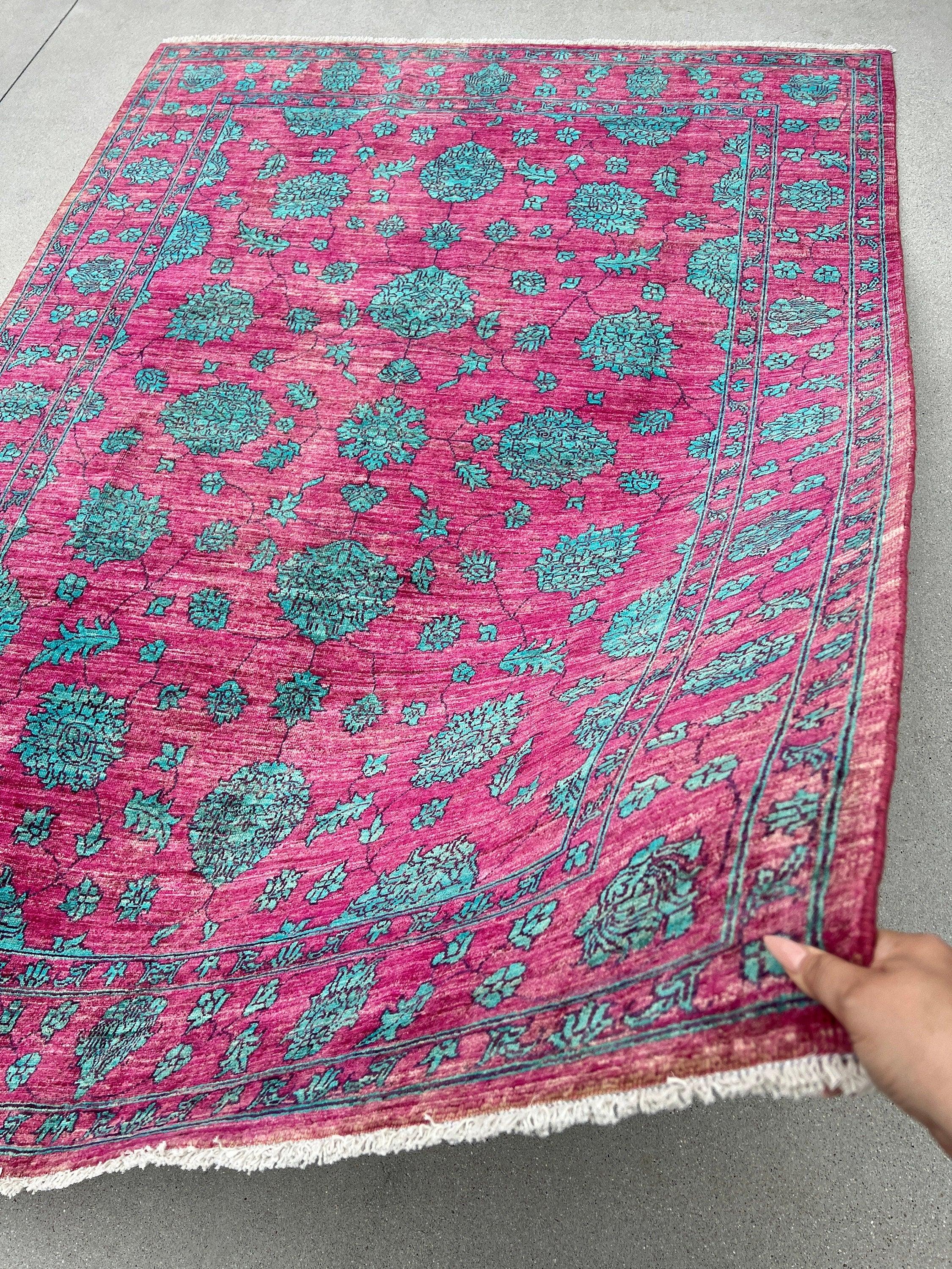 6x8 Handmade Afghan Rug | Fuchsia Pink Turquoise Sky Blue Black | Hand Knotted Persian Boho Bohemian Oushak Heriz Serapi Bold