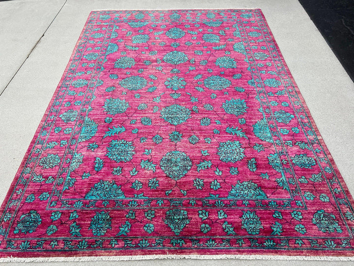 6x8 Handmade Afghan Rug | Fuchsia Pink Turquoise Sky Blue Black | Hand Knotted Persian Boho Bohemian Oushak Heriz Serapi Bold