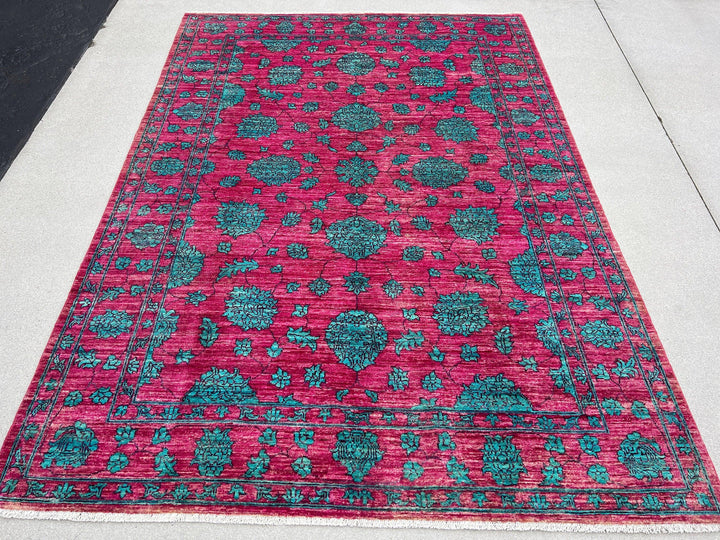 6x8 Handmade Afghan Rug | Fuchsia Pink Turquoise Sky Blue Black | Hand Knotted Persian Boho Bohemian Oushak Heriz Serapi Bold