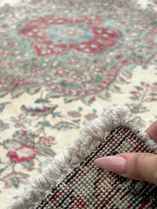 6x9 Classic Vintage Handmade Wool Area Rug | Beige Olive Green Teal Red Light Blue Ivory Dirty White | Knotted Oushak Persian Distressed