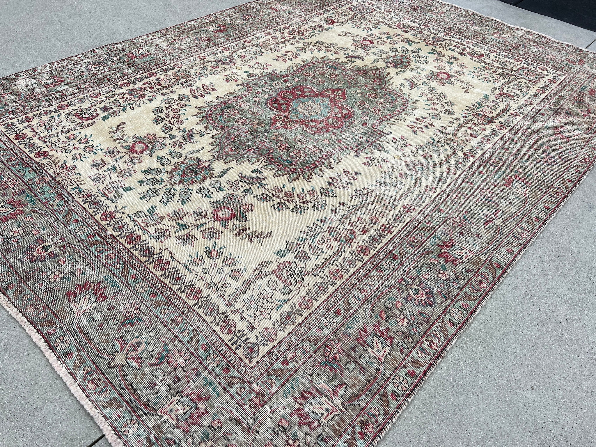 6x9 Classic Vintage Handmade Wool Area Rug | Beige Olive Green Teal Red Light Blue Ivory Dirty White | Knotted Oushak Persian Distressed