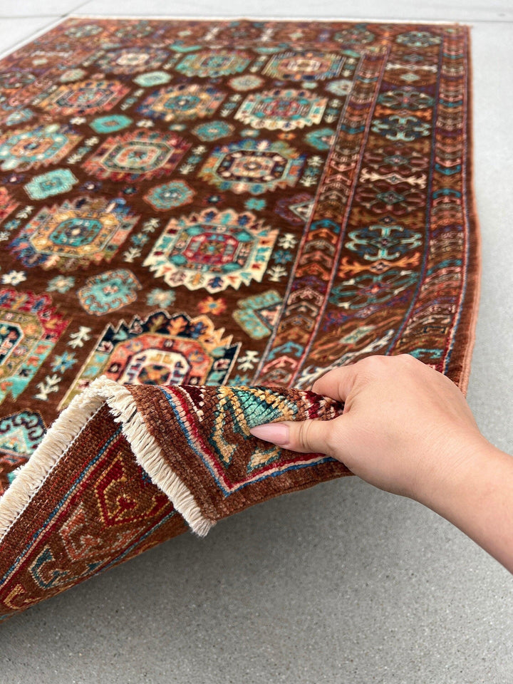 6x8 Handmade Afghan Rug | Brown Teal Turquoise Green Orange Blue Ivory | Hand Knotted Persian Bohemian Boho Oushak Heriz Serapi Wool