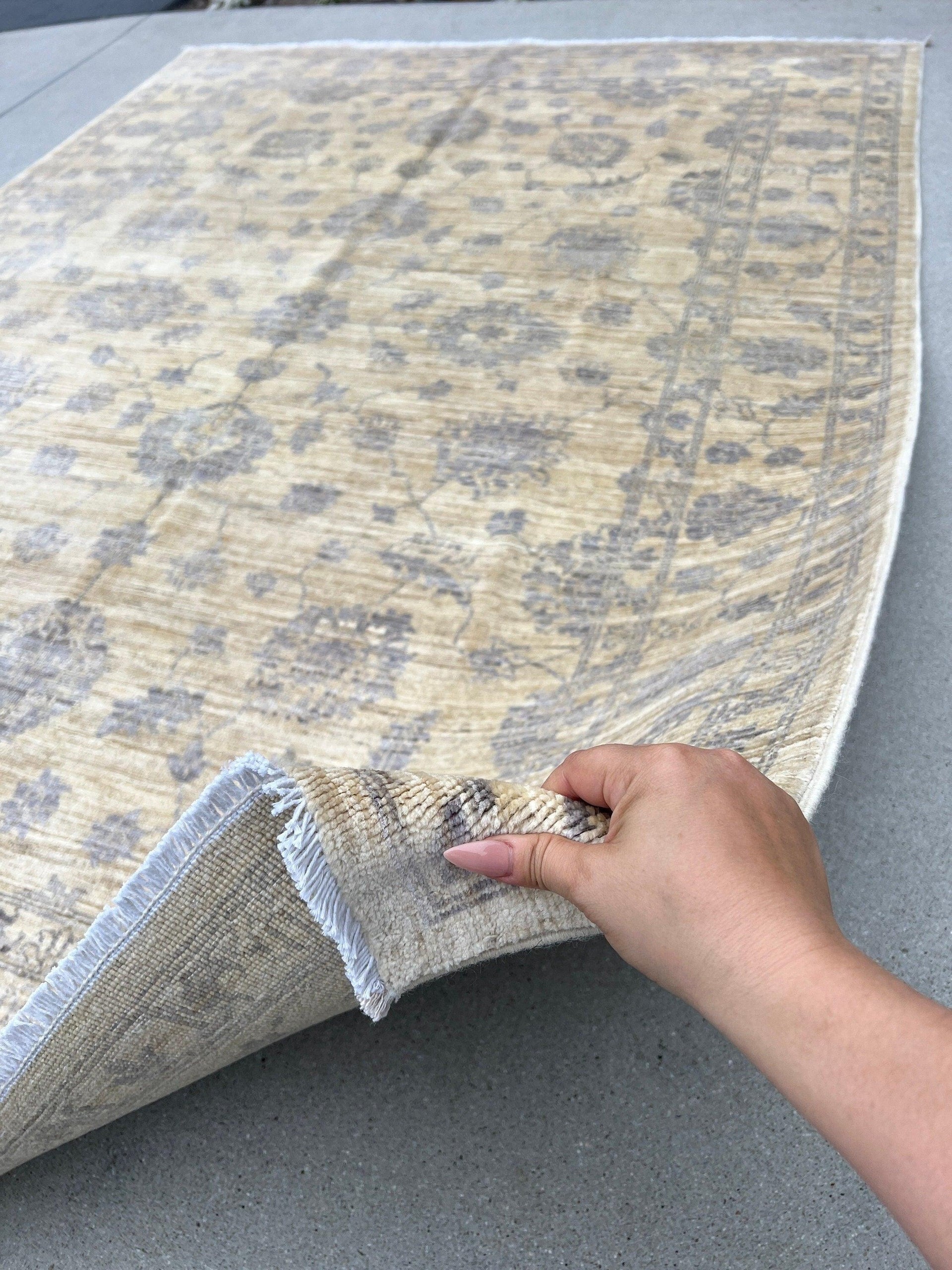 6x8 Handmade Afghan Rug | Muted Neutral Beige Grey | Hand Knotted Persian Bohemian Boho Oushak Persian Distressed