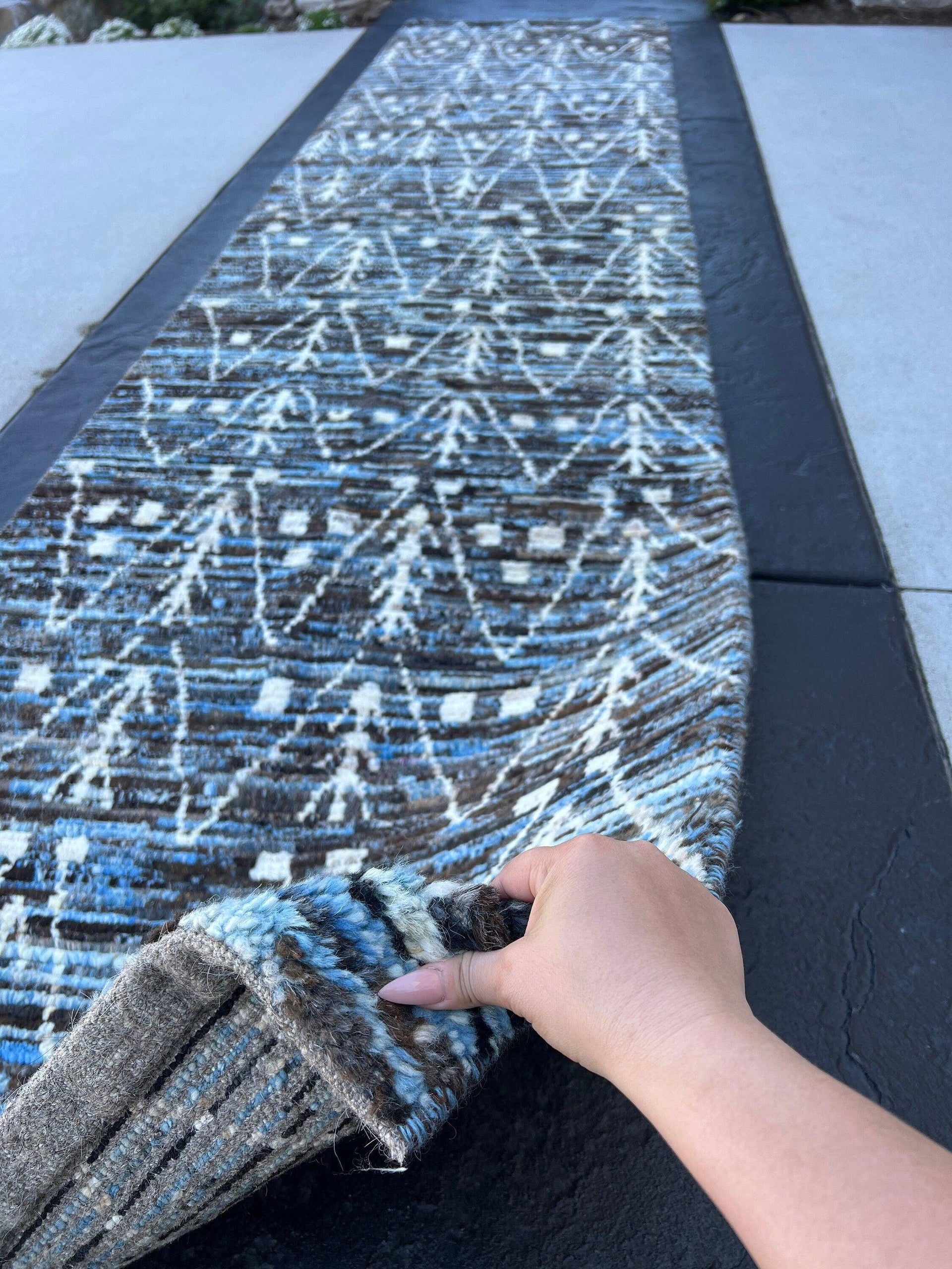 3x13 Handmade Afghan Moroccan Rug | Blue Grey Black Ivory Brown | Berber Beni Mrirt Ourain Flokati Wool Hallway Entryway Stairs Plush Shag