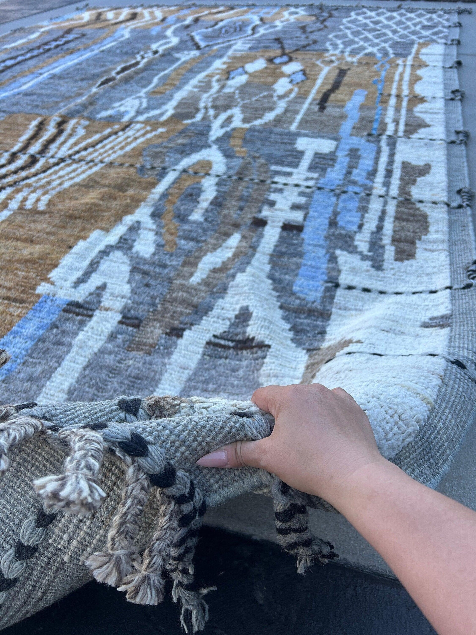 10x15 Handmade Afghan Moroccan Rug | Caramel Brown Grey Black Blue Ivory White | Berber Beni Mrirt Boujad Flokati Plush Turkish Wool Oushak