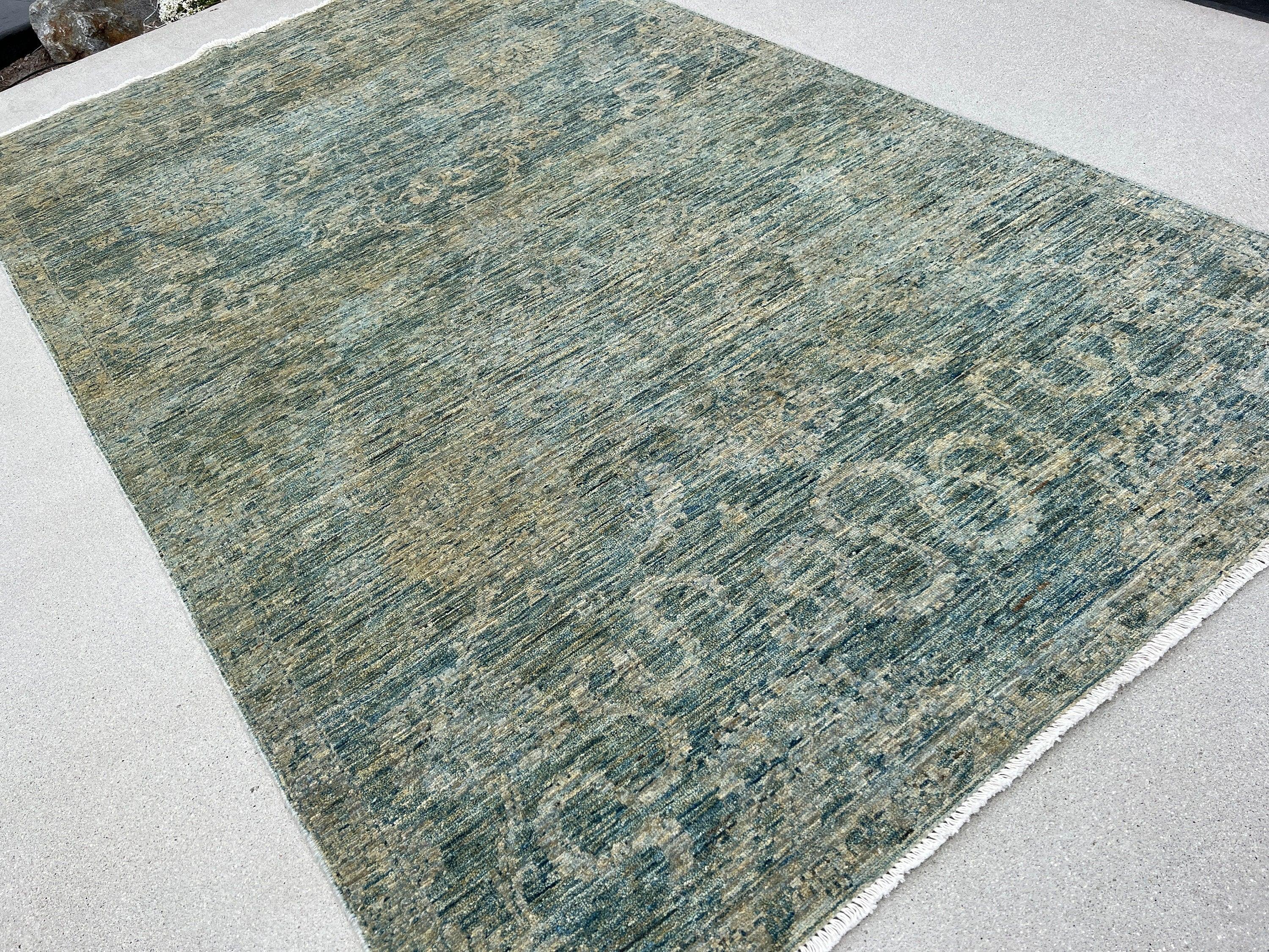 5x8 Hand Knotted Handmade Afghan Rug | Muted Teal Beige Grey Ivory Green Brown | Wool Boho Bohemian Contemporary Woolen Distressed