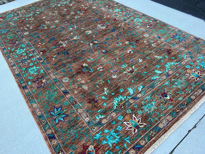 6x8 Handmade Afghan Rug | Brown Turquoise Teal Purple Blue Olive Green Red Orange Ivory | Hand Knotted Persian Bohemian Boho Oushak Serapi