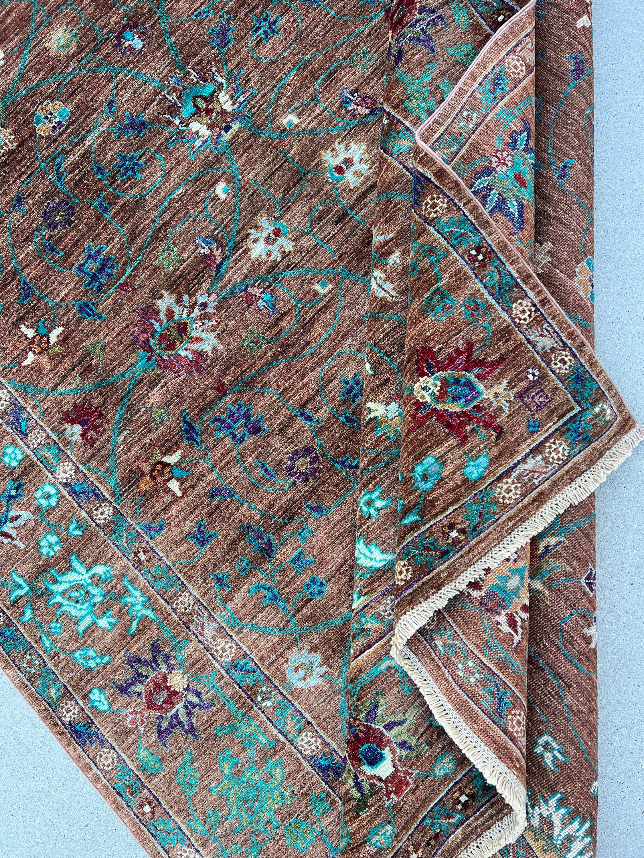 6x8 Handmade Afghan Rug | Brown Turquoise Teal Purple Blue Olive Green Red Orange Ivory | Hand Knotted Persian Bohemian Boho Oushak Serapi