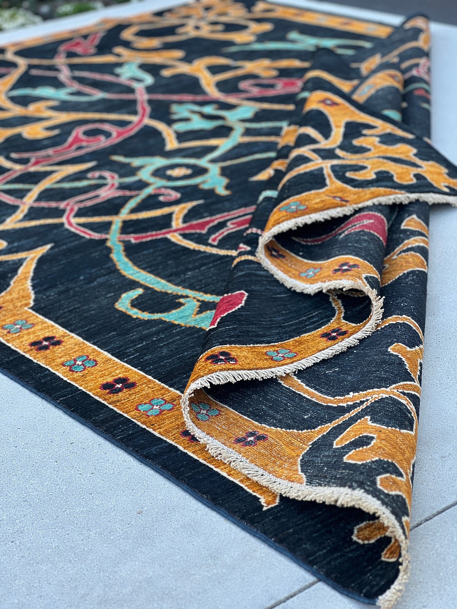 7x10 Handmade Afghan Rug | Turquoise Gold Caramel Red | Hand Knotted Persian Bohemian Boho Oushak Serapi Heriz Wool Abstract Modern Wool