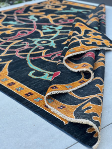 7x10 Handmade Afghan Rug | Turquoise Gold Caramel Red | Hand Knotted Persian Bohemian Boho Oushak Serapi Heriz Wool Abstract Modern Wool
