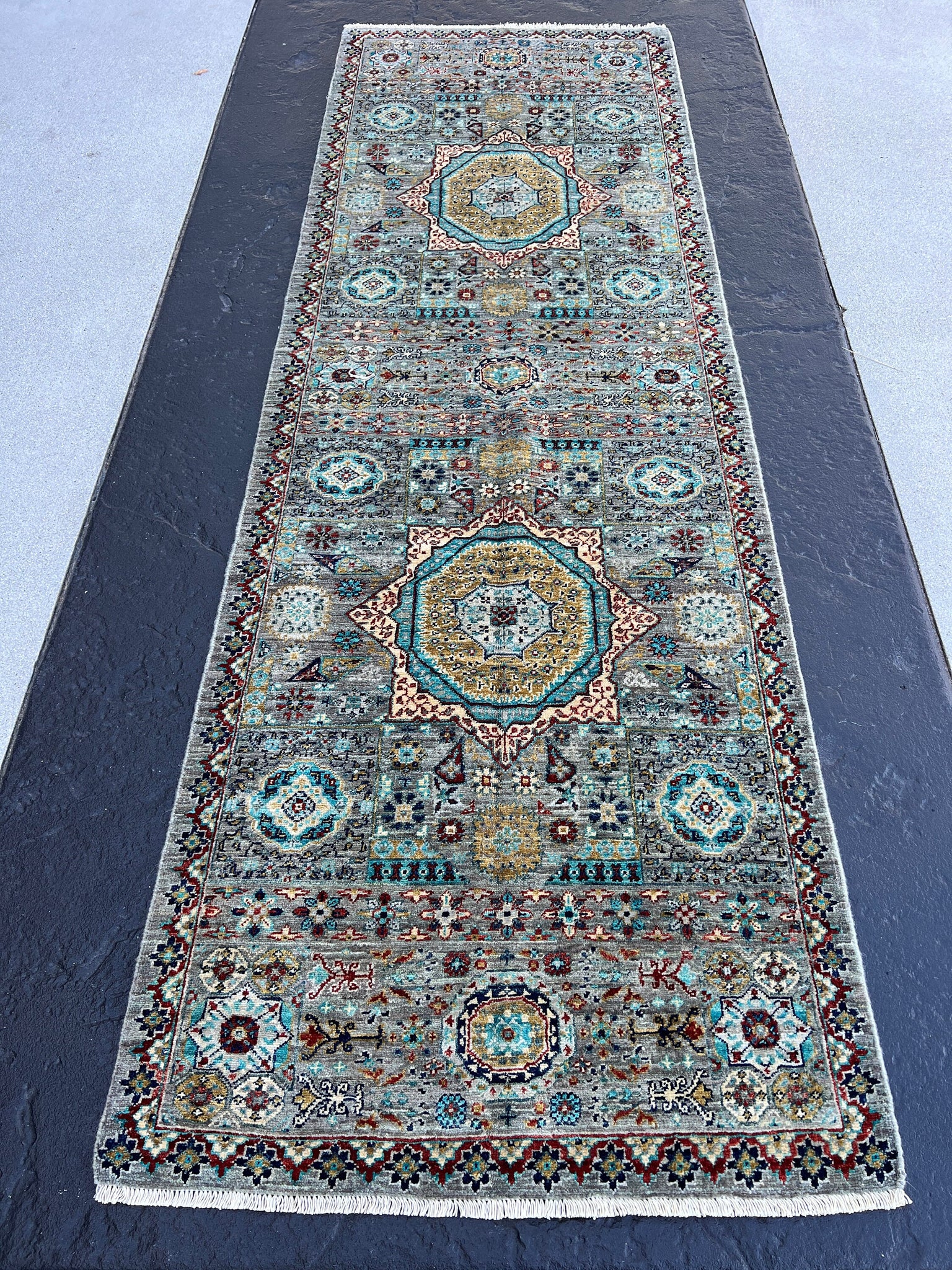 3x8 (90x245) Handmade Afghan Rug Runner | Grey Turquoise Golden Yellow Ivory Beige Orange Blue | Tribal Oriental Hand Knotted Persian Oushak