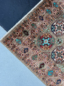 5x7 Handmade Afghan Rug | Earth Tone Brown Grey Turquoise Aqua Navy Blue Teal Orange Red Brown Ivory | Wool Boho Persian Turkish Oushak