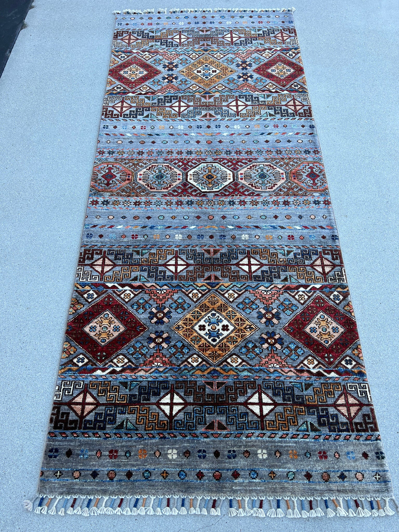 3x7 (90x215) Handmade Afghan Rug Runner | Bluish Grey Orange Red Blue Teal Brown Brown Ivory | Oriental Hand Knotted Persian Bohemian Boho