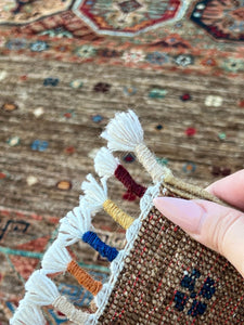 5x7 Handmade Afghan Rug | Tan Mocha Brown Grey Red Blue Teal Green Ivory Yellow | Wool Boho Persian Turkish Hand Knotted Bohemian Serapi