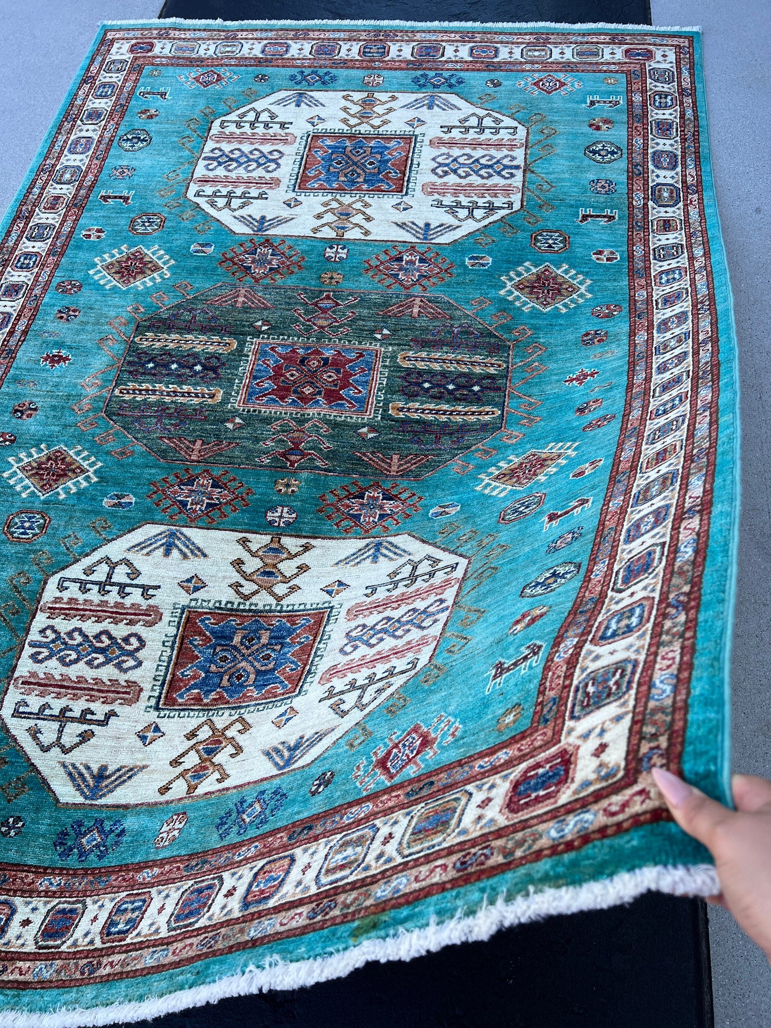 5x7 Handmade Afghan Rug | Teal Turquoise Brown Blue Ivory Cream Pine Green | Wool Boho Persian Turkish Oushak Hand Knotted Bohemian Serapi
