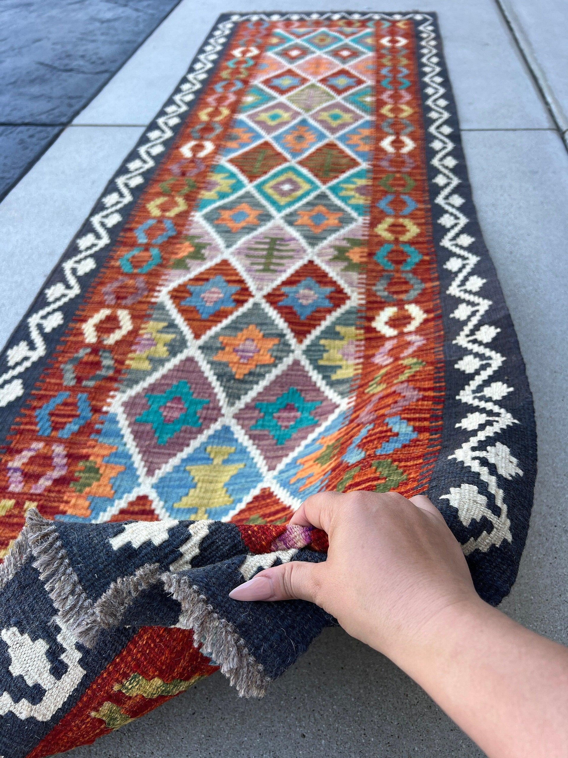 3x8 Handmade Afghan Kilim Runner Rug | Midnight Blue Burnt Orange Ivory Turquoise Teal Olive Green Yellow Purple | Geometric Flatweave Wool