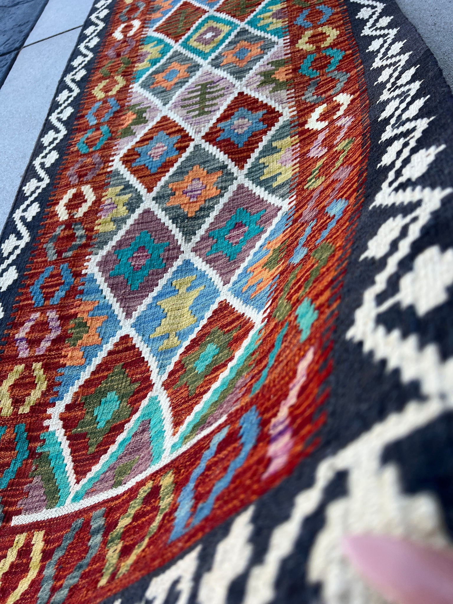 3x8 Handmade Afghan Kilim Runner Rug | Midnight Blue Burnt Orange Ivory Turquoise Teal Olive Green Yellow Purple | Geometric Flatweave Wool