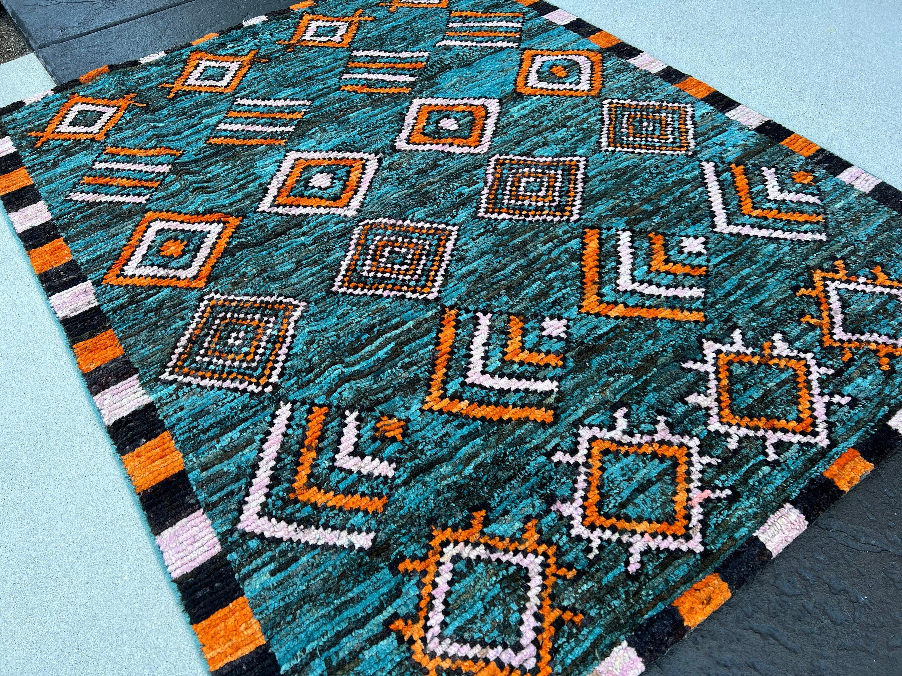 5x6 Handmade Afghan Moroccan Rug | Teal Turquoise Black Grey Brown Orange Blush Pink | Berber Beni Plush Turkish Oushak Ourain Mrirt Tufted