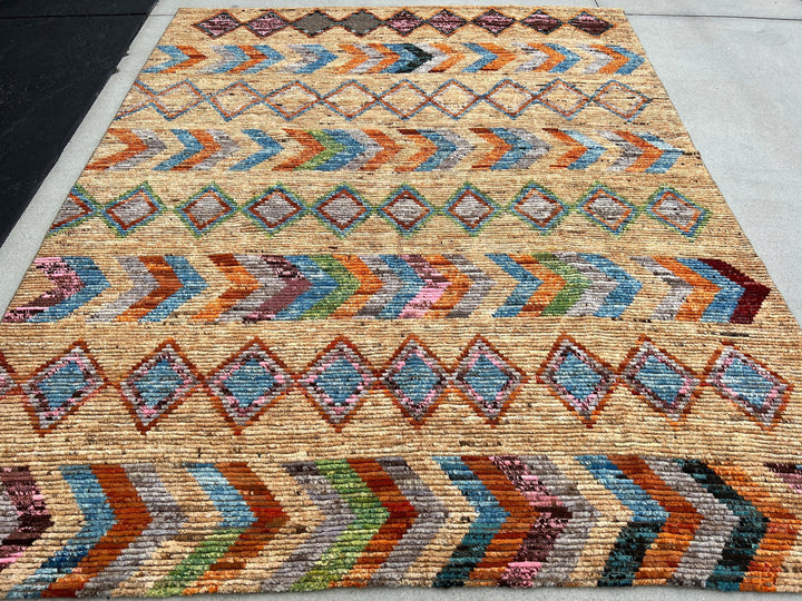 8x10 Handmade Afghan Moroccan Rug | Tan Brown Beige Blue Orange Grey Pink Green Maroon | Berber Beni Oushak Ourain Tufted Bohemian Persian