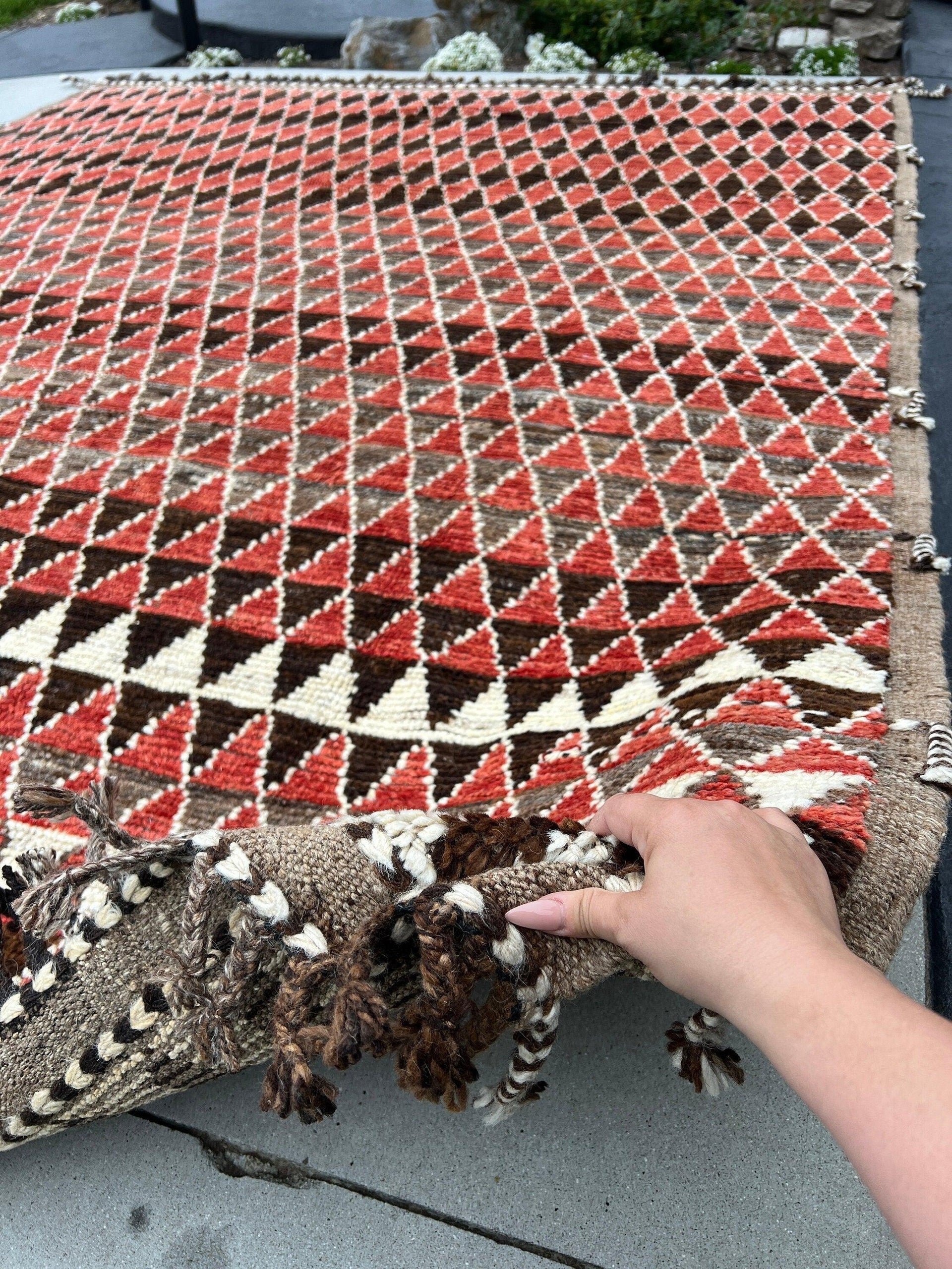 8x10 Handmade Afghan Moroccan Rug | Brick Red Rust Mocha Chocolate Brown Ivory Cream White | Berber Beni Turkish Wool Oushak Ourain Bohemian