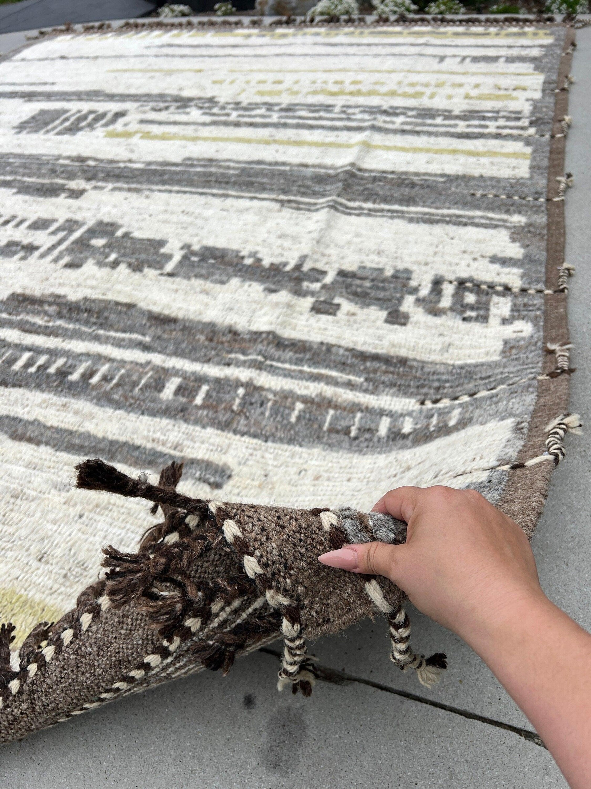 9x11 Handmade Afghan Moroccan Rug | Neutral Ivory Cream Grey Mocha Brown Yellow | Berber Beni Plush Ourain Mrirt Turkish Oushak Bohemian