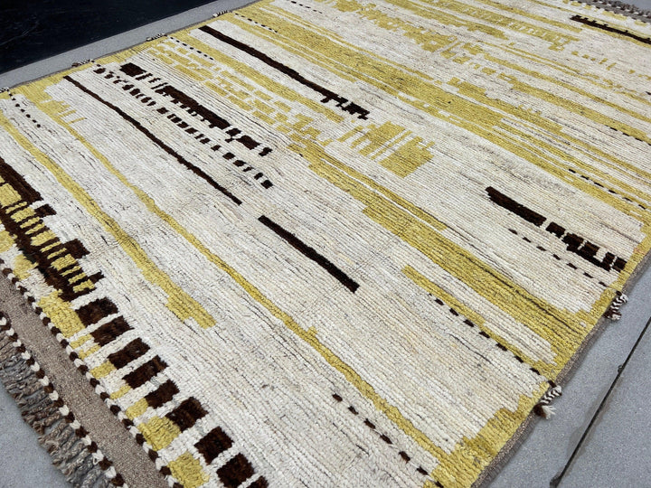 7x10 ~ 7x11 Handmade Afghan Moroccan Rug | Mustard Yellow Ivory Cream Beige Brown Berber Beni Plush Turkish Wool Oushak Ourian Persian Boho