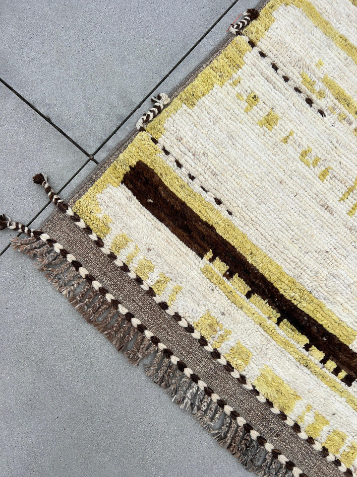 7x10 ~ 7x11 Handmade Afghan Moroccan Rug | Mustard Yellow Ivory Cream Beige Brown Berber Beni Plush Turkish Wool Oushak Ourian Persian Boho